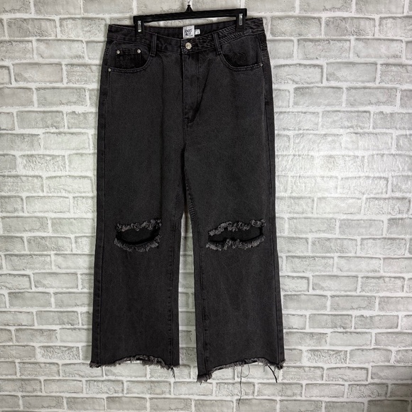 Princess Polly Denim - Princess Polly Distressed Wide Leg Black Denim High Rise Jeans 34 x 28 Size 10